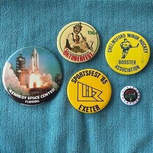 Five vintage pin-back buttons